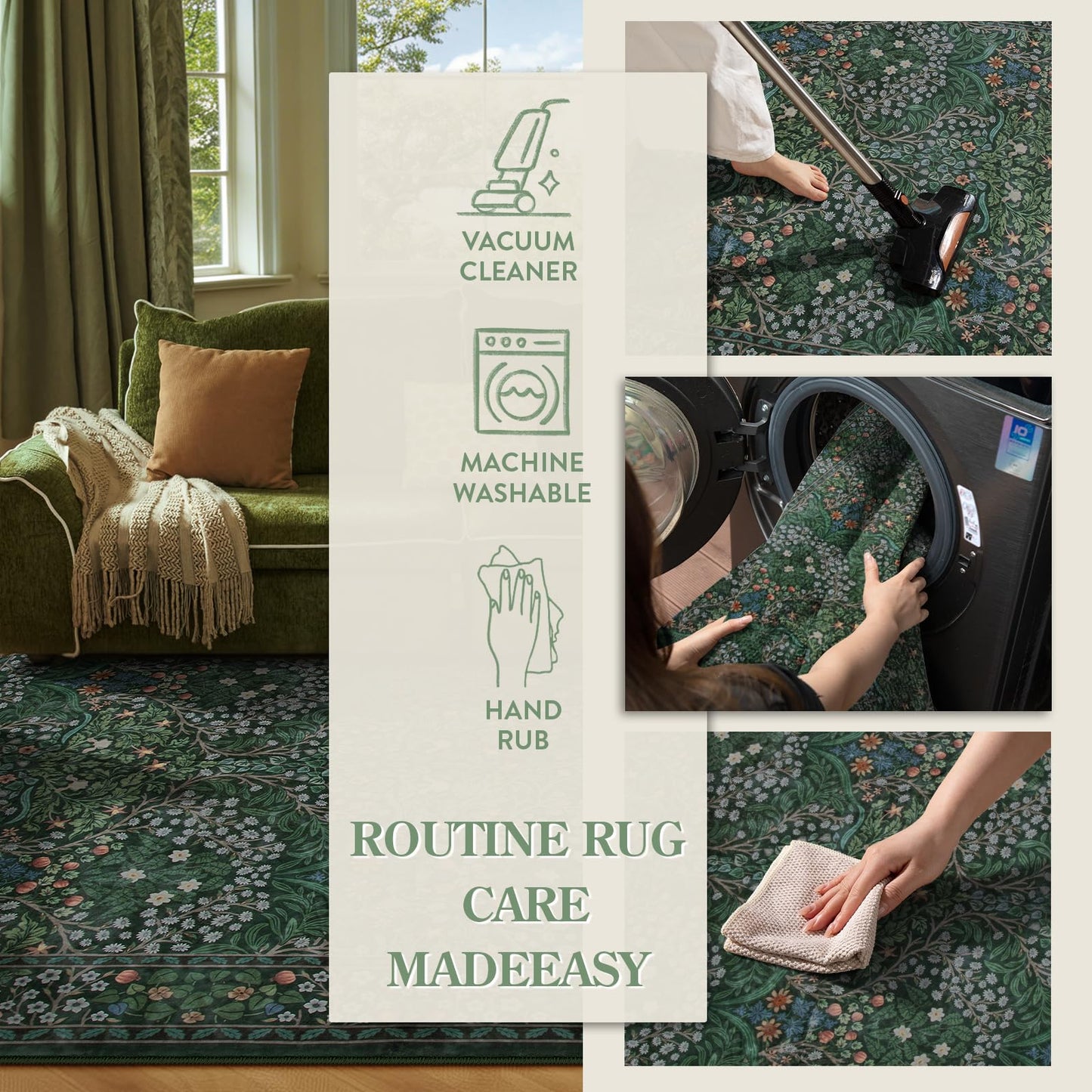 Lahome Dark Green Area Rugs 8x10, Soft 8x10 Washable Rugs for Living Room Dining Room, Boho Floral Non-Slip Forest Large Throw Carpet for Farmhouse Bedroom Office, Dark Green