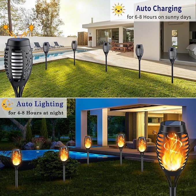 KYEKIO Solar Torch Light with Flickering Flame, 12Pack Solar Lights Outdoor, Waterproof Halloween Lights for Yard Garden, Luces Solares para Exteriores, Torches Lighting for Outside Patio Decorations