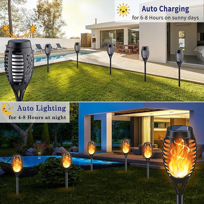 KYEKIO Solar Torch Light with Flickering Flame, 12Pack Solar Lights Outdoor, Waterproof Halloween Lights for Yard Garden, Luces Solares para Exteriores, Torches Lighting for Outside Patio Decorations