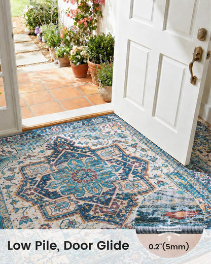 Mueinxiei Washable Vintage Area Rugs 9x12 Large Medallion Pattern Rugs, Non Slip Water Repellent Low Pile Carpet for Living Room Bedroom Dining Room Gemstone Blue