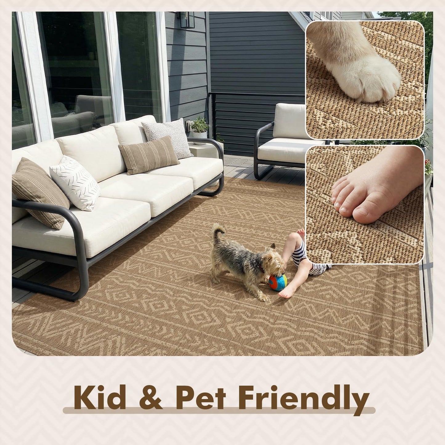 MontVoo-Outdoor Rug-Patio Rug 5x7 Polypropylene Indoor Outdoor Rugs Outdoor Carpet for Patio Deck Balcony Porch, Textured Weave, Durable for High Traffic, Fade-Resistant, Boho Farmhouse Neutral Brown