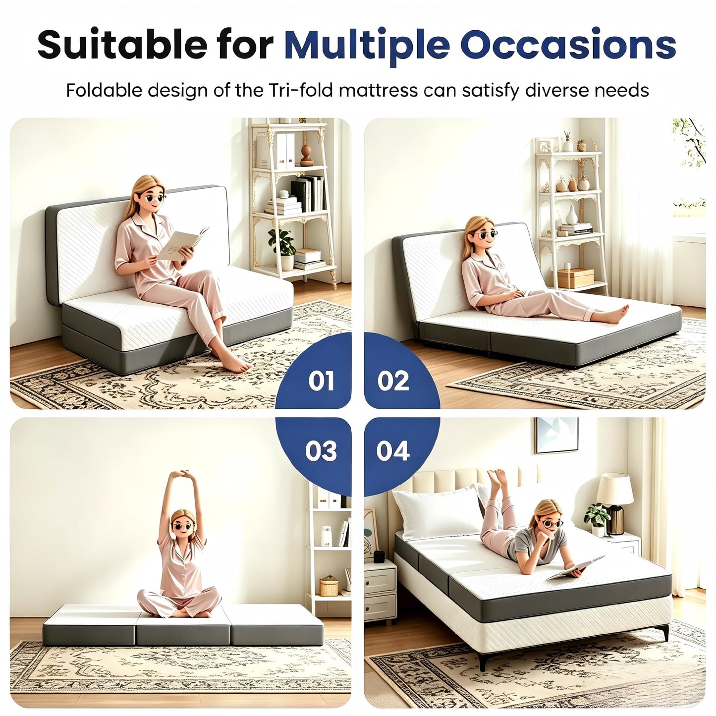 Folding Foam Mattress 4 Inch Foldable Floor Mattresses with Collapsible and Washable Cover, Portable Travel Mat Trifold Guest Mattress Camping Sofa Bed, Full 54"x75"x4"