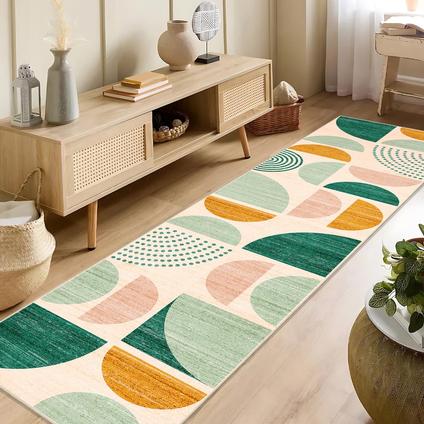 MUJOO Green Runner Rug Washable,Boho 2x8 Area Rugs for Hallways Kitchen Bedroom Entryway Bathroom,Non Slip Carpet Long Mat Indoor,Soft Modern Abstract Sage Green