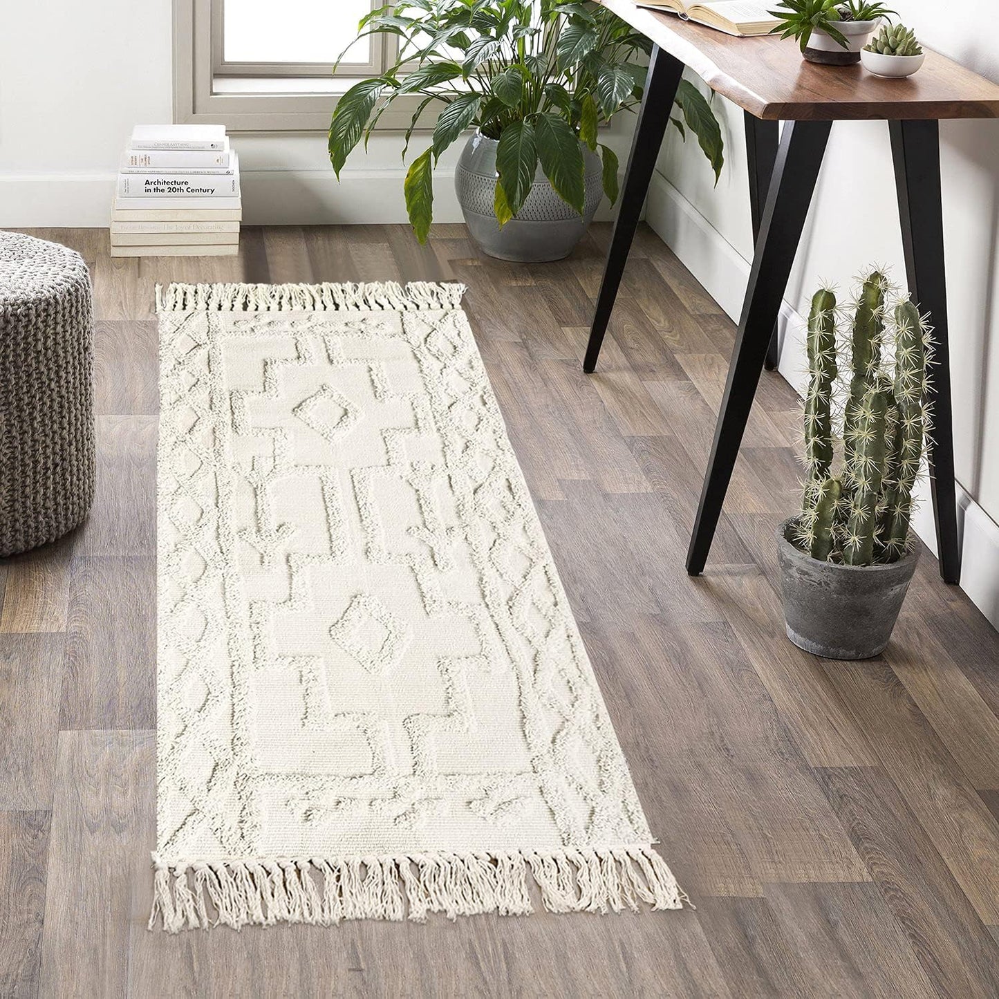 Uphome Boho Bathroom Runner Rug 2' x 4.3', Washable Woven Cotton Bedroom Rug Runners, Beige Aesthetic Tufted Entryway Runner Rugs, Bohemian Tribal Throw Rugs for Bedside Living Room Laundry Kitchen