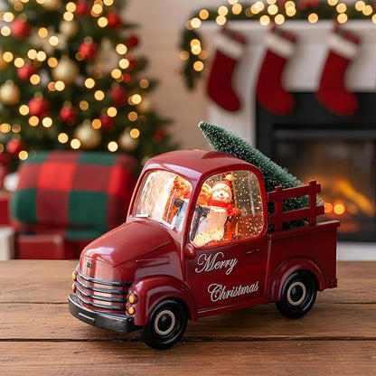 Christmas Snow Water Lantern Glittering Snowman and Pup in Red Truck with Christmas Tree, USB Lined/Battery Operated Lighted Spinning Lantern for Christmas Festival Decoration Gifts