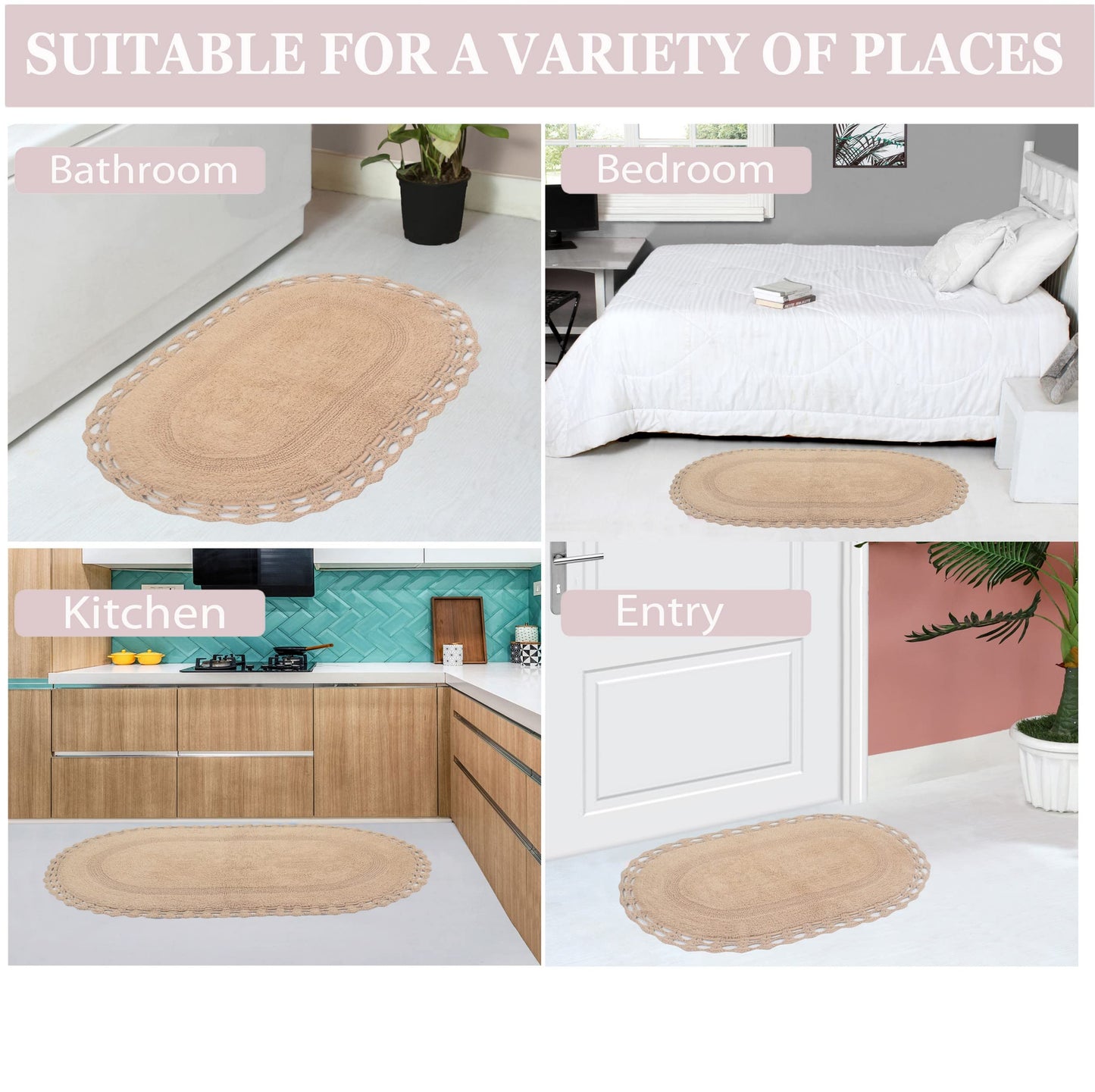 Home Weavers Hampton Crochet Reversible Bathmat 100% Cotton Bathroom Rugs Set, Washable Rug, Extra Soft and Absorbent Bath Rug, Kitchen Mat, Bath Mat Set, Mat Non Slip, 4 Piece Set with Runner, Linen