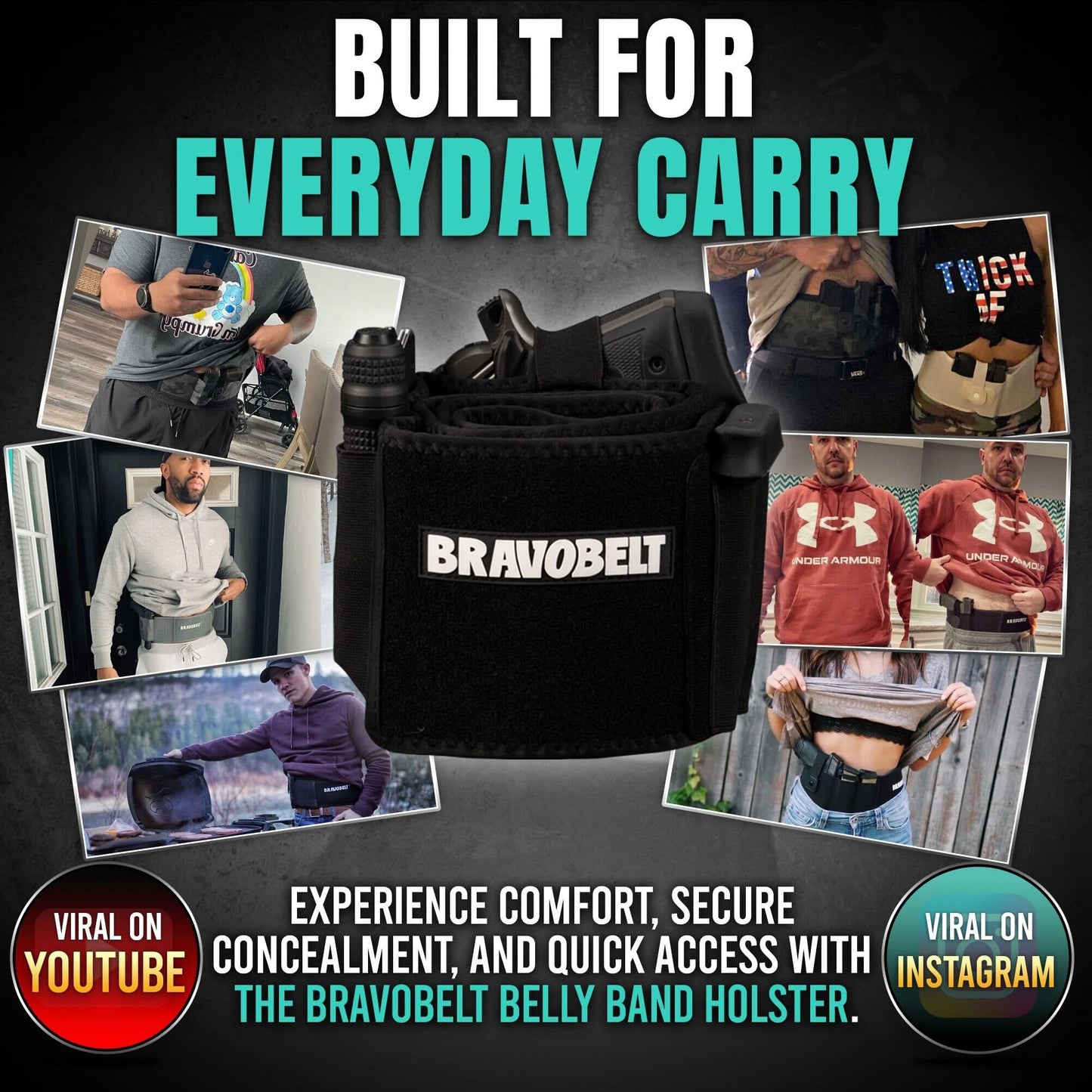 BRAVOBELT Belly Band Holster - Athletic Flex FIT for Running, Jogging, Hiking - G17-43 S&W M&P 40 Shield Bodyguard Kimber (Up to 44" Belly, Black)
