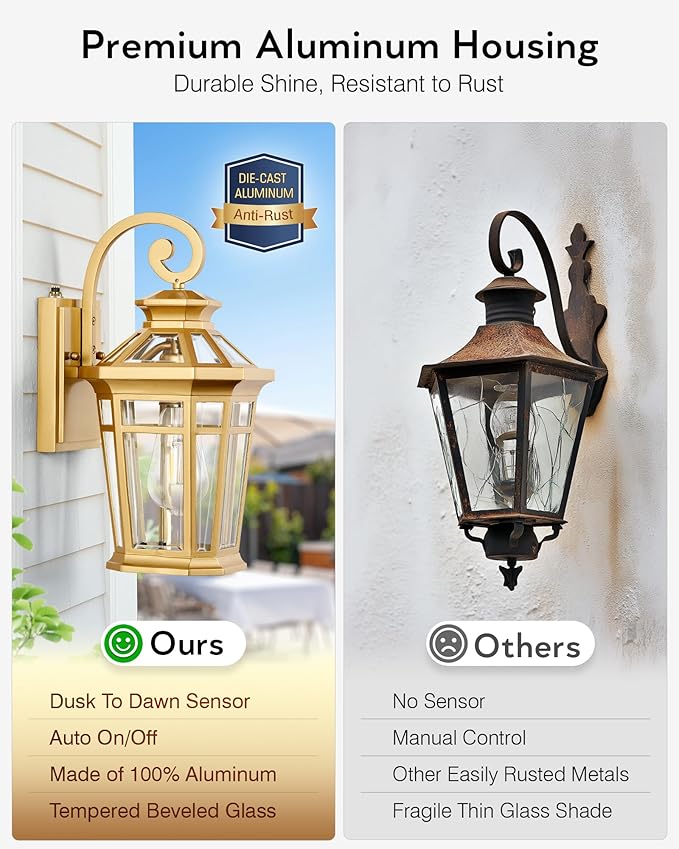 Porch Lights Outdoor, Dusk to Dawn Exterior Lighting Fixtures, Gold Wall Lanterns Wall Mount, Waterproof Anti-Rust Outdoor Sconce Lights for Garage, Patio Wall Light Fixture with Beveled Glass