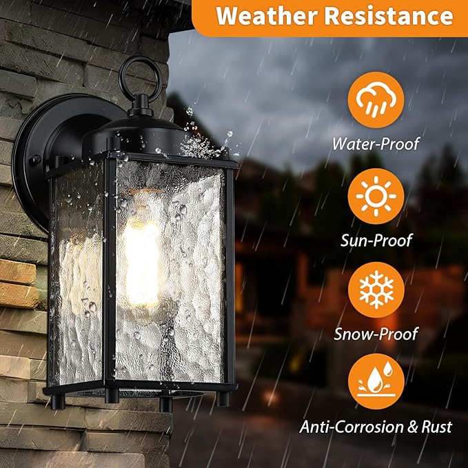 Outdoor Wall Light Fixture, Exterior Wall Sconce, Black Outdoor Porch Light with Hammered Glass, Waterproof Anti-Rust, for Garage, Front Door, Entryway, 2 Pack