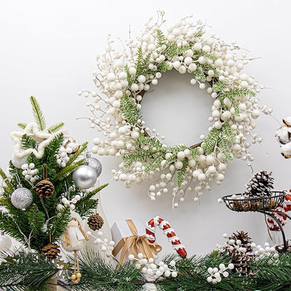 20 Inches White Christmas Wreath Farmhouse Christmas Wreaths for Front Door Rustic Winter Wreath with White Berry Fir Pine Needle for Doors Window Indoors Porches Outside