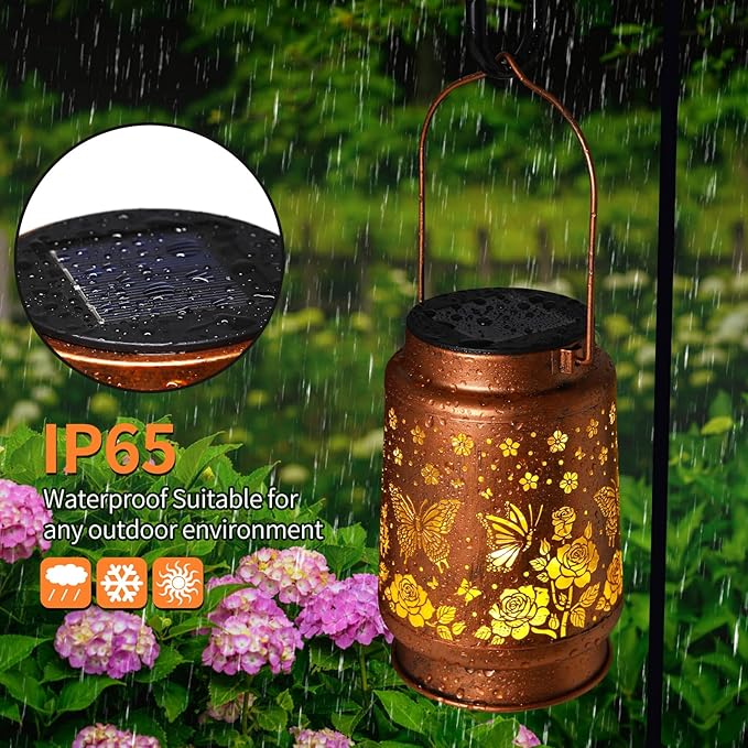 2 Pack Butterfly Solar Lanterns Outdoor Waterproof Rose Garden Decor Gifts for Women Mom Grandma Hanging Solar Lights Metal Lantern Decoration Outside for Yard,Patio,Backyard,Porch