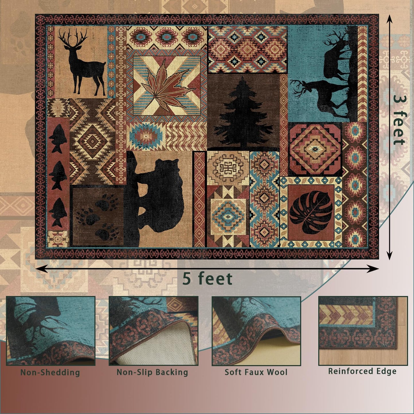Washable Area Rug 3x5, Rustic Lodge Bear Rugs for Entryway Non Slip Low Pile Southwestern Area Rugs Vintage Large Soft Carpet for Bedroom Office Kitchen Dining Room