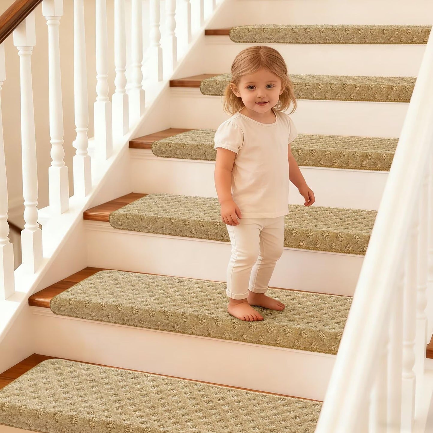 DEXDE Bullnose Carpet Stair Treads Non Slip for Wooden Steps Indoor, 30" x 9.5" x 1.7" (14 Pack) - Peel and Stick Stair Runner Rugs with Edge Protection, Washable & Reusable Pet Friendly Mats, Beige
