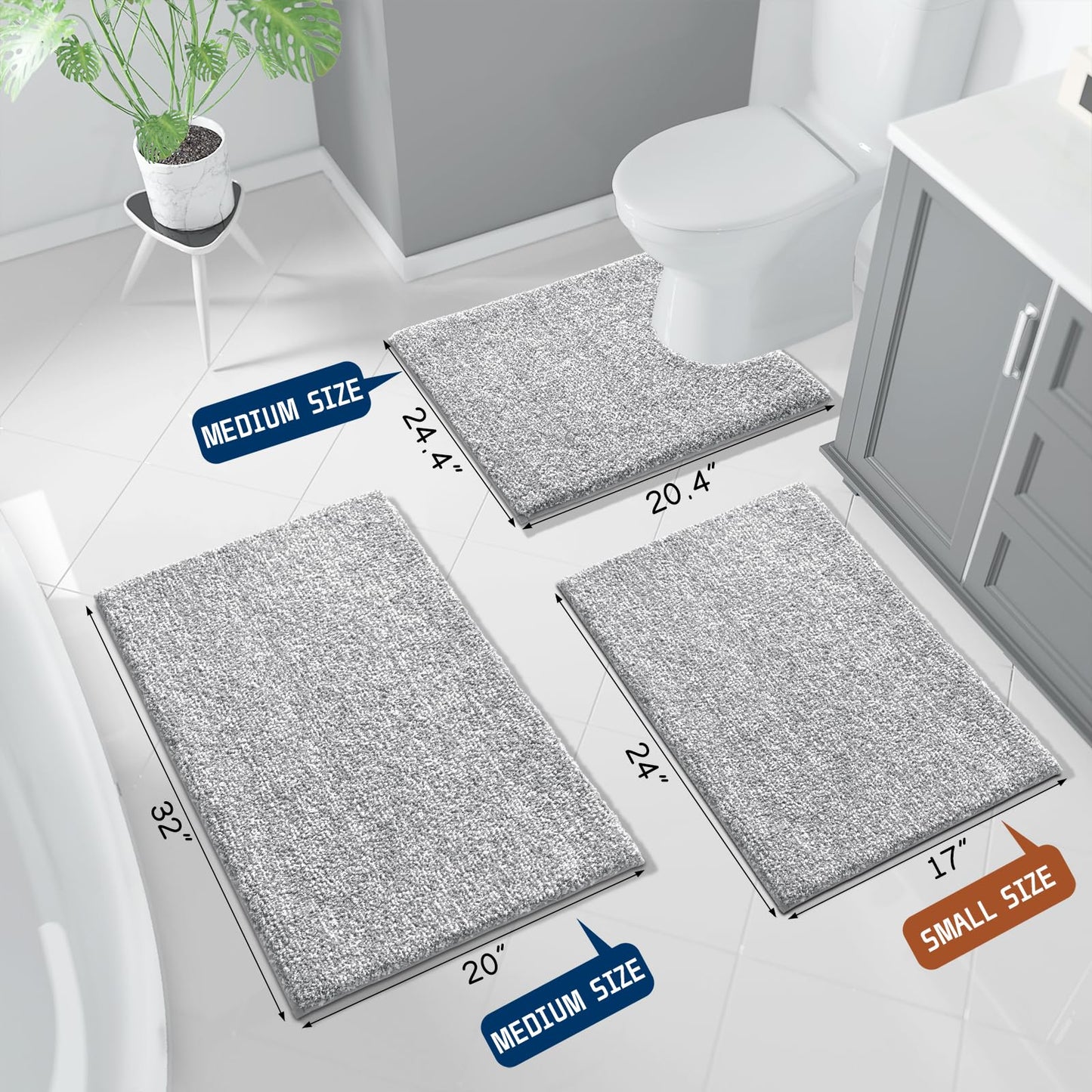 Yimobra Toilet Rugs U Shaped Washable, Soft Absorbent Microfiber Bathroom Rugs, Non Slip Quick Drying Shaggy Bath Mat,Contour Bathroom Mats for Toilet Base, Home Essentials,24x20,Grey and White
