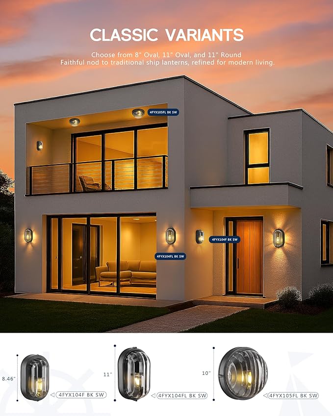 FEMILA 10" Round Bulkhead Outdoor Wall Light, Nautical Outdoor Lighting, Black Outdoor Light Fixture for Front Door/Porch/Patio, Aluminum Glass,UL Listed, 4FYX105FL BK SW