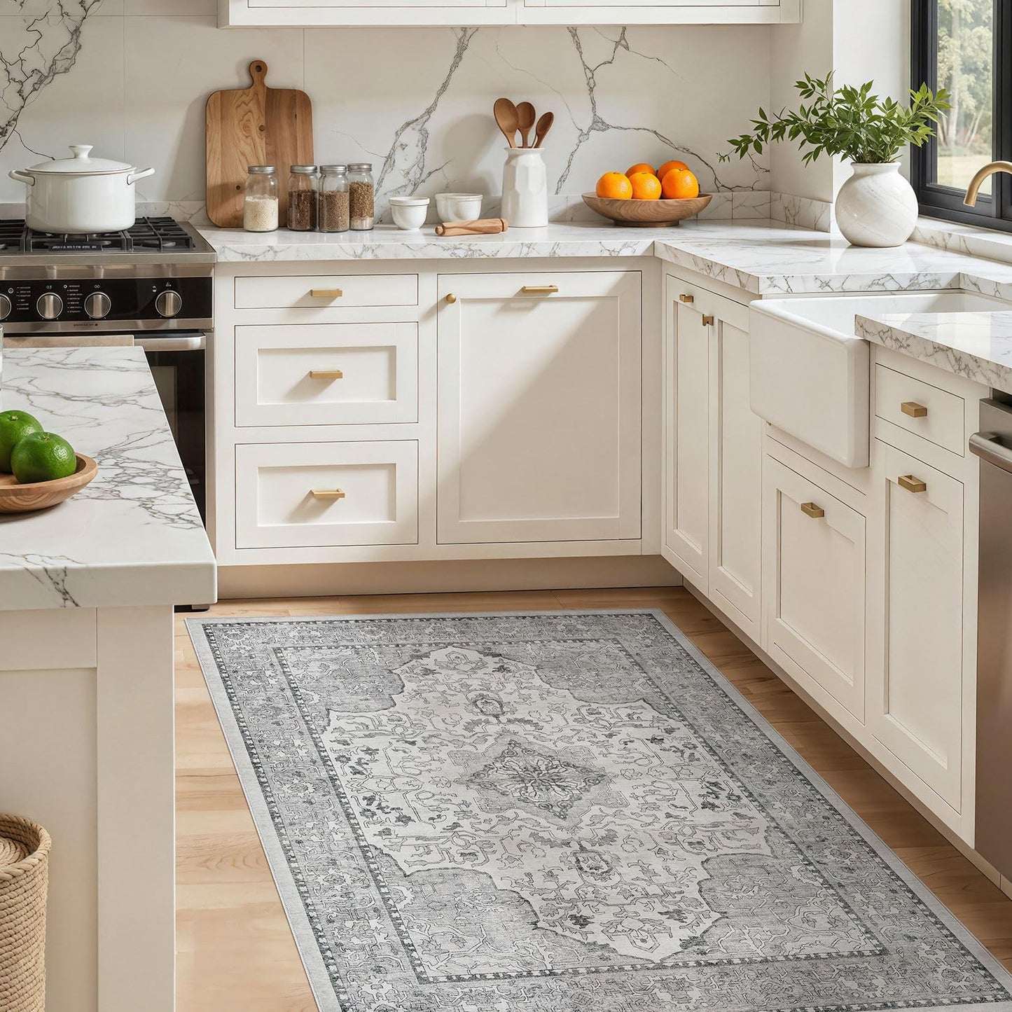 cotiled 4x6 Area Rug Machine Washable Vintage Carpet for Living Room Bedroom Soft Non-Slip Backing Floor Mat Kid & Pet Friendly Stain Resistant Grey