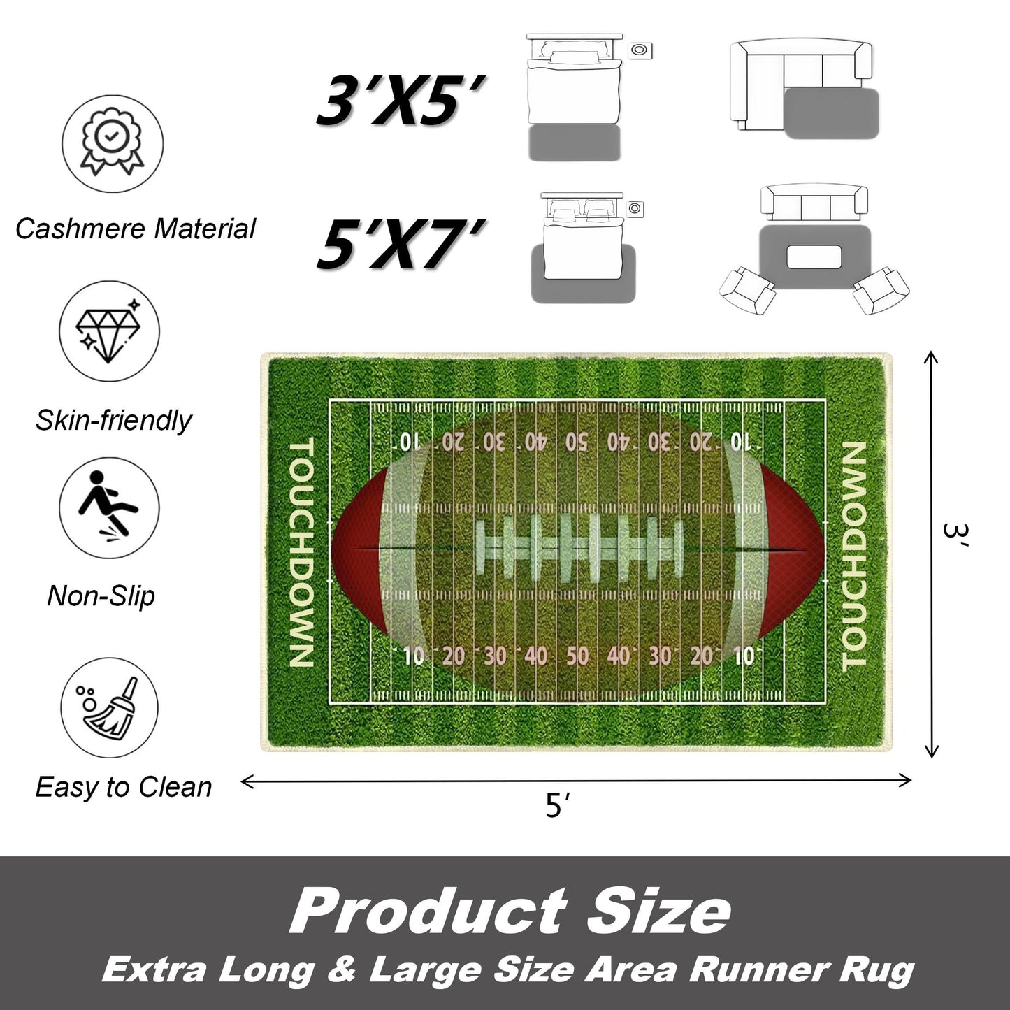 dovfa Ultra-Soft Football Rug for Boys Room Decor, Premium Sports Rugs for Bedroom, Faux Wool Non-Slip Washable Carpet for Kids Playroom, Game Room, Living Room and Man Cave, 3'x5'