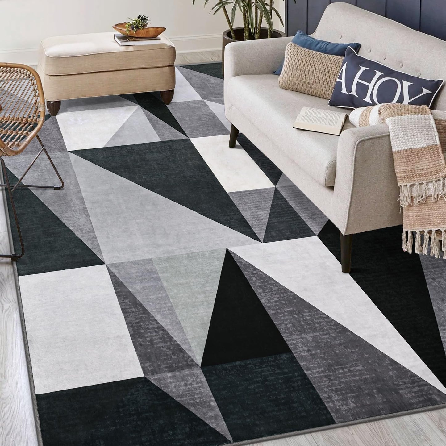TWINNIS Indoor Modern Area Rug, 5x7 Geometric Patchwork Style Washable Large Rugs for Living Room Bedroom Hardwood Floors, Non Shedding Non Anti Backing Soft Carpet Home Floor Decor, Grey