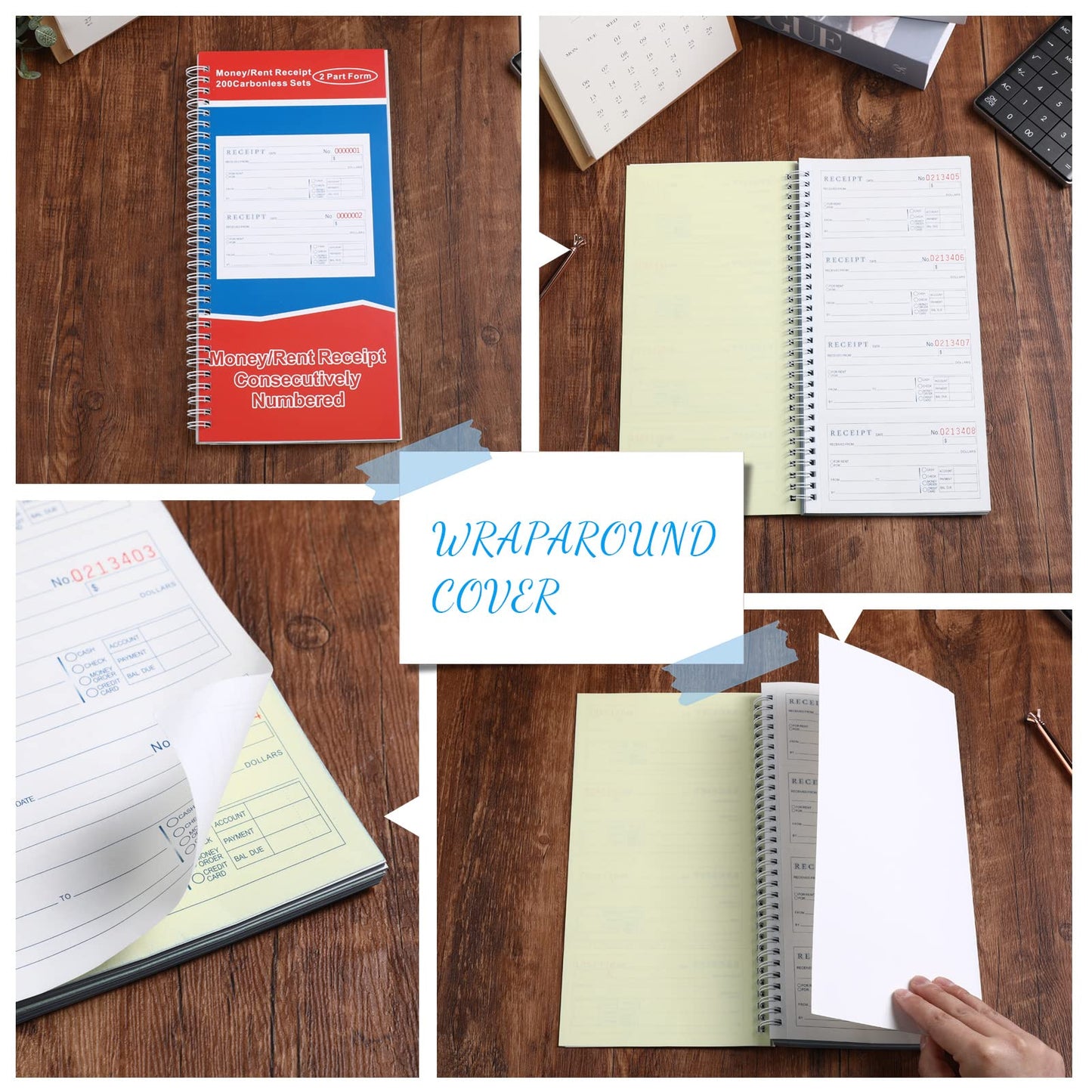 Crtiin 10 Pcs 5-1/4" x 11" Books Money and Rent Receipt Book 2 Part Carbonless Receipt Book with Carbonless Copies Spiral Bound Cover Receipt Log Book 200 Sets Per Book 4 Receipts Per Page