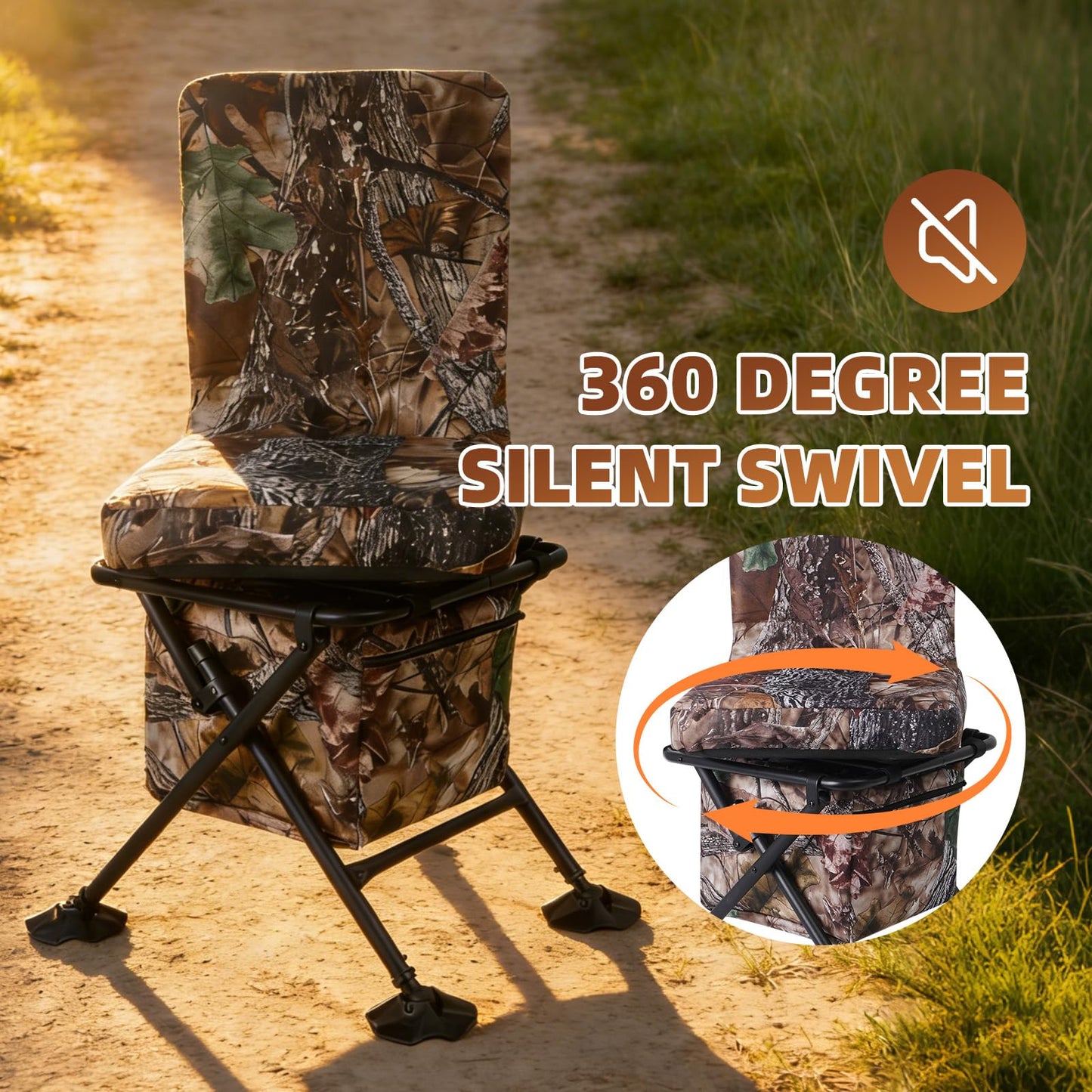 FUNHORUN Hunting Chair with Storage Bag, 360 Degree Silent Swivel Hunting Seat, Camouflage Foldable Ground Blind Chair, Tool-Free Padded Cushion Portable Seat, Lightweight