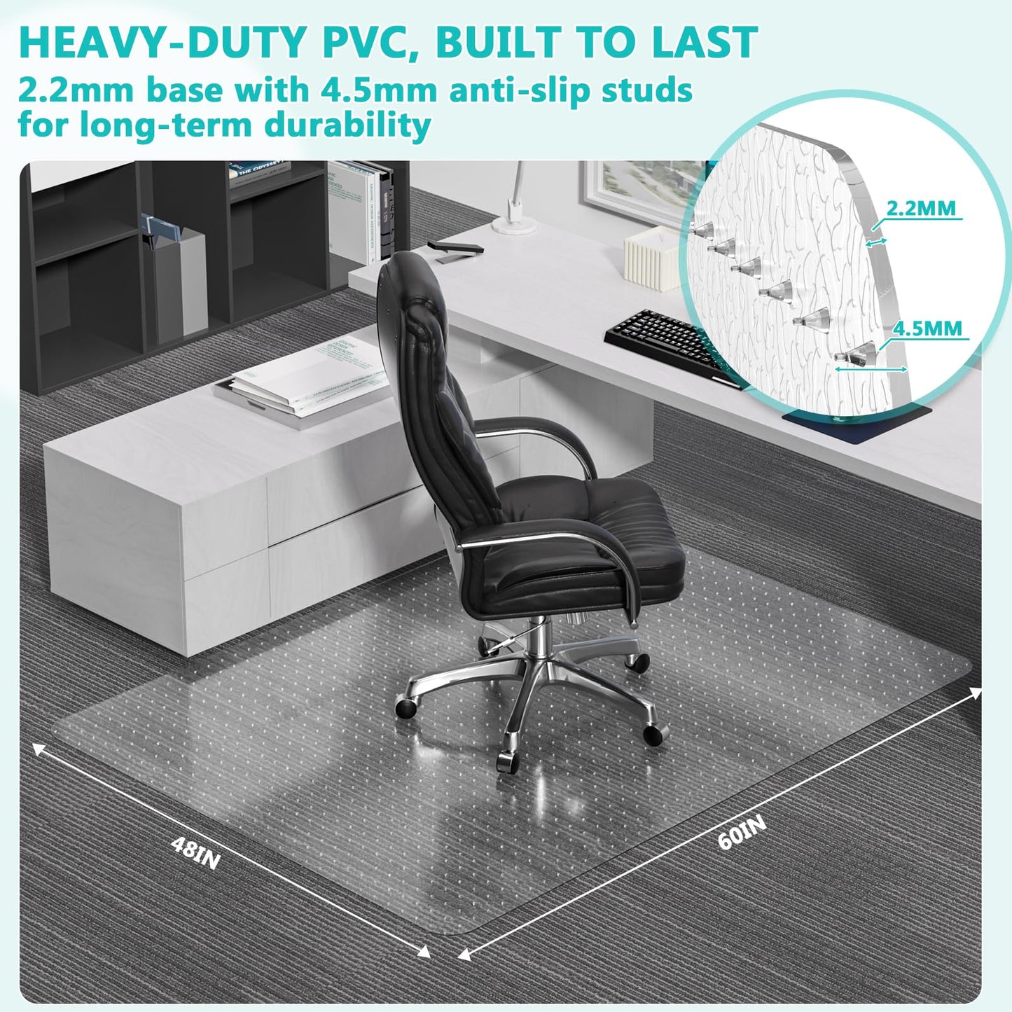 Office Chair Mat for Low Pile Carpet with Lip, 48" x 60" Clear Heavy Duty Plastic Floor Protector for Smooth Rolling Desk & Computer Chairs, Under Desk Chair Mat for Home Office