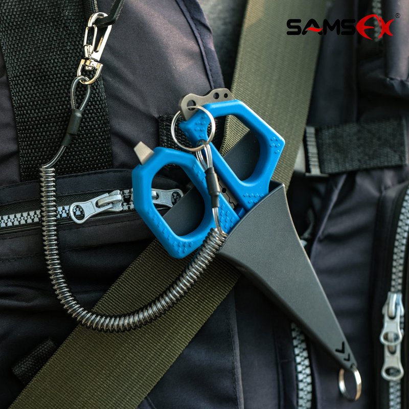SAMSFX 6.5" Pro Fishing Shears Dual Serrated Blades, Fishing Braided Line Scissors with Titanium Coating, Non-Slip Grip & Multifunction Tool, Includes Hard Molded Locking Sheath & Coiled Lanyard