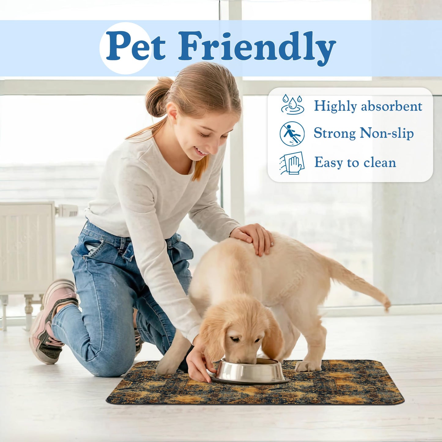 Grunge Boho Pet Feeding Mat for Floors–Absorbent Quick Dry Dog Cat Bowl Mat for Food and Water, Non Slip Waterproof Base, Mess-Free Feeding Accessories 12"x20"