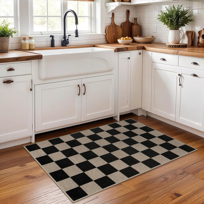 Rugalia Easy Jute Checkered Entryway Rug, 2x3 Black Modern Indoor Outdoor Doormat, Washable Non-Slip Small Kitchen Rug Farmhouse Checkerboard Throw Rugs for Entrance Bedroom Bathroom