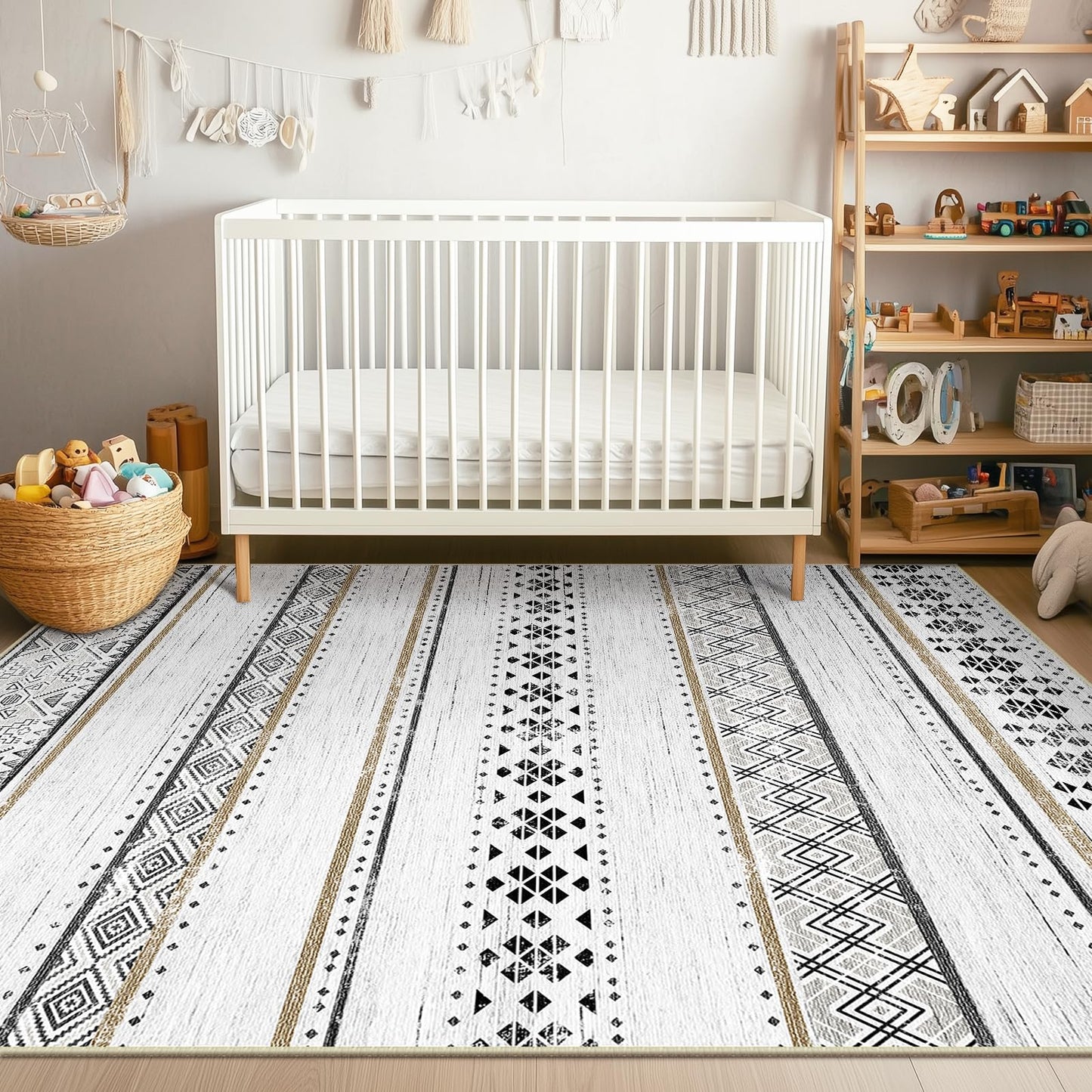 BESTSWEETIE 8x10 Area Rugs for Living Room Washable Moroccan Farmhouse Neutral Geometric Low Pile Non-Slip Soft Print Pattern Rug for Bedroom Kitchen Dining Room Entryway Black/Brown