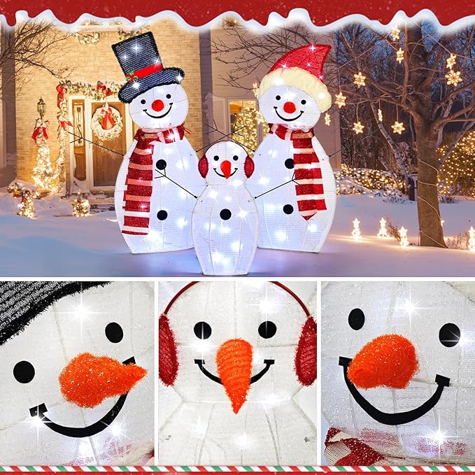 BRIGHTDECK Light Up Snowman Christmas Decorations Outdoor, 54 LEDs Set of 3 Lawn Ornament, Outdoor Lighted Holiday Displays for Christmas Yard Decorations (Snowman)