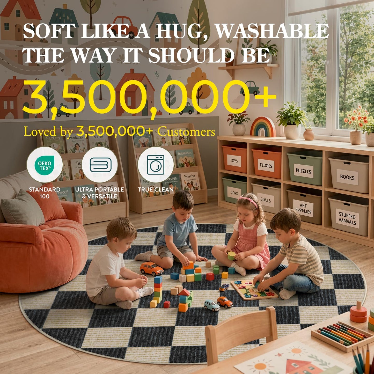 Machine Washable 5x7 Area Rugs for Living Room Checkered, Non Slip Soft Low Pile Farmhouse Geometric Modern Neutral Playroom Boys Rugs for Bedroom, Large Carpet Rugs for Dining Room(Black,5'x7')