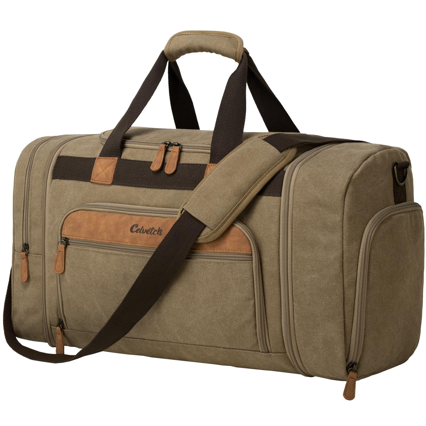 Celvetch Canvas Duffle Bag for Travel 50L Expandable Travel Duffel Bags for Men Women Weekender Overnight Bag with Shoes Compartment - Brown