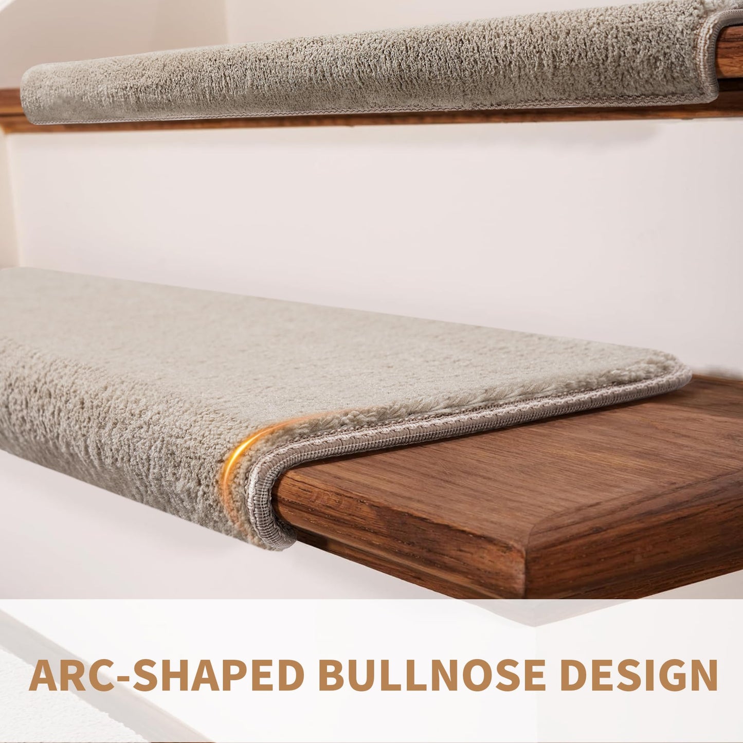 NEKL Bullnose Stair Treads Non Slip 9.5" x 32", 14 Pcs Ultra Plush Carpet Stair Treads for Wooden Steps Indoor with Edge Protection, Reusable Peel and Stick TPU Backing Stair Runner Rugs - Beige Gray