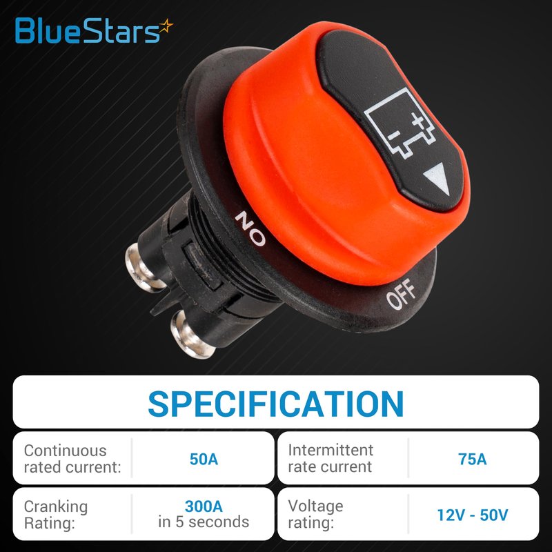 BlueStars Battery Isolator Selector Switch for Boat 50A Continuous 75A Intermittent 12V to 50V Water-Proof ON/Off Boats, Marines, Cars, Vehicles, Campers, RV, Motorcycles, Yachts