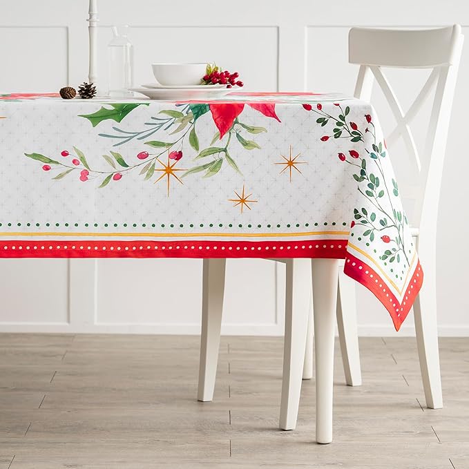 Maison d' Hermine Table Cloth Square Table 100% Cotton 54 x 54 Inches Fall Tablecloth Reusable Everyday Use for Thanksgiving Christmas Decorations Dining Farmhouse Party (Poinsettia Christmas)