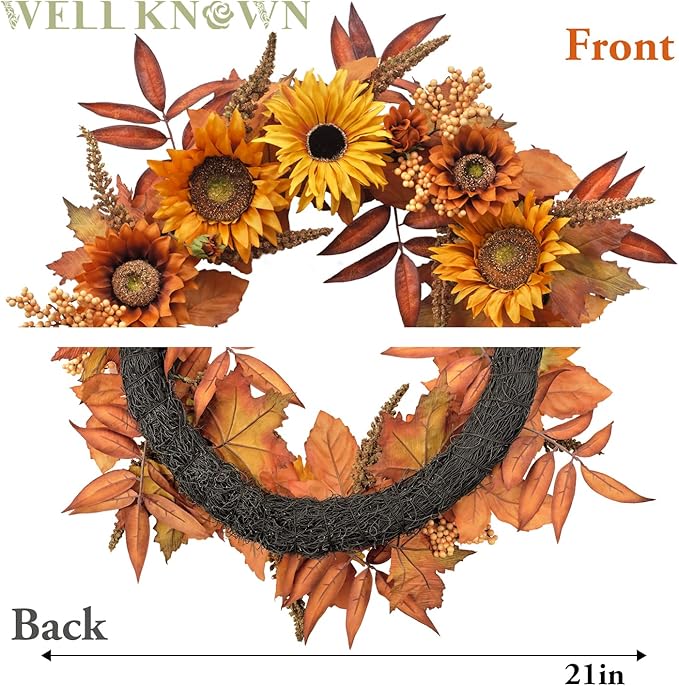 WELL KNOWN 21 Inch Burnt Orange Sunflower Wreaths for Front Door, Summer and Fall Door Wreath, Handmade Silk Sunflower Decor for Home Party Festival Wedding Decor