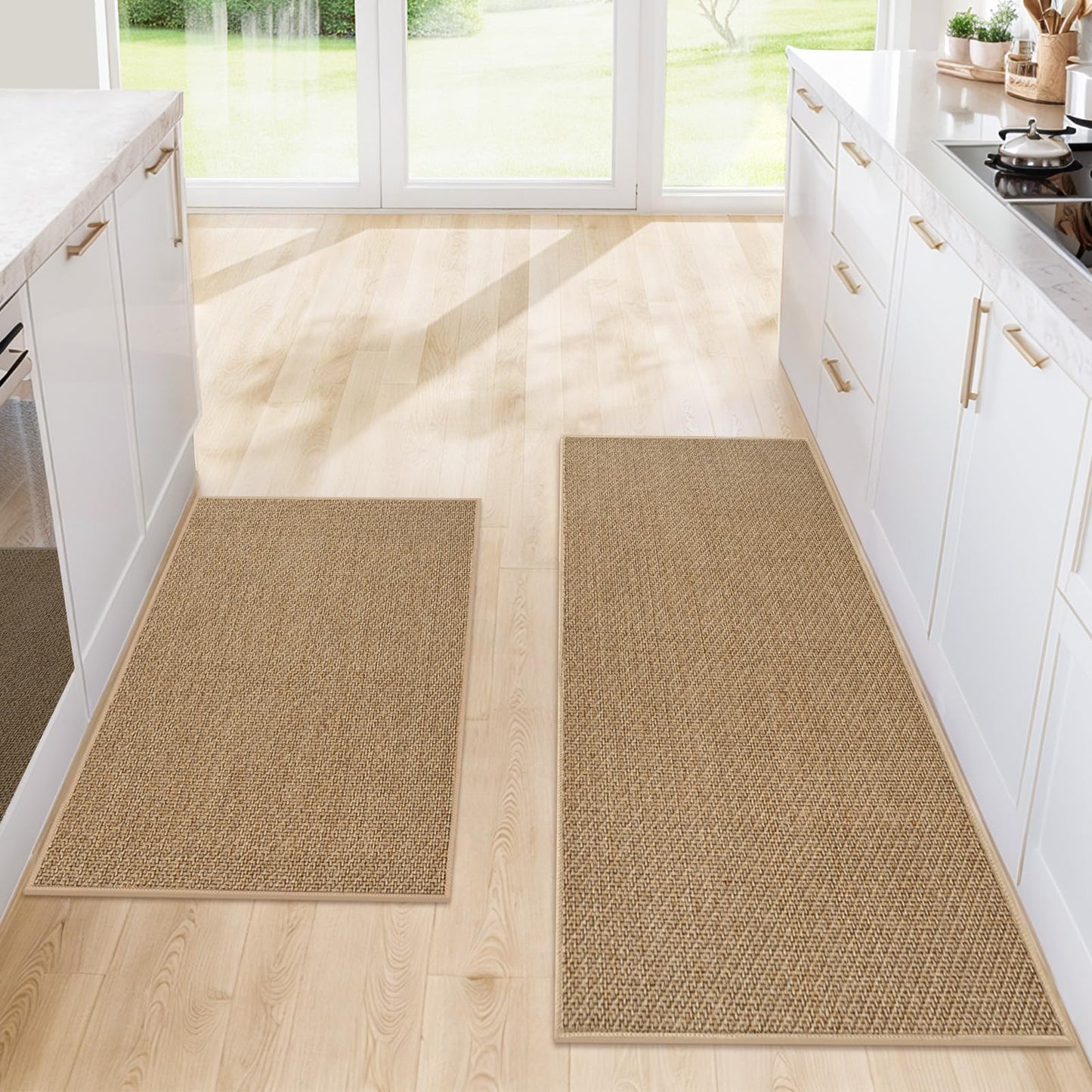 SofterCharm Kitchen Rugs and Mats, Non Slip Washable Set of 2 PCS, Absorbent Kitchen Mats for Floor, Kitchen Runner Rug, Rubber Backing, for Kitchen Decor, Front of Sink(Khaki, 20’’x 32’’+ 20’’x 47’’)