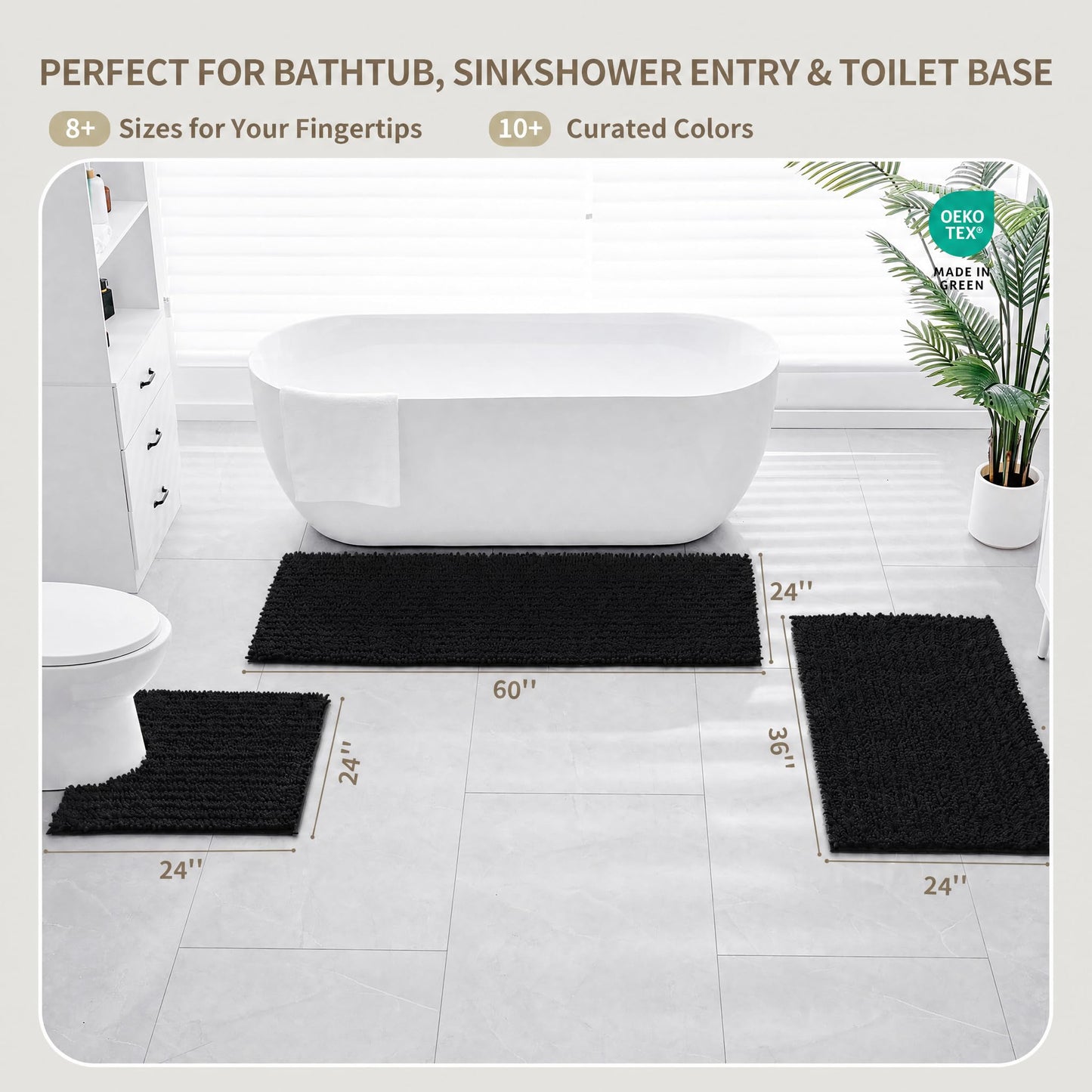 Ruggnovea Bathroom Rugs Non Slip Washable 32x20, Extra Thick Soft Chenille Absorbent Bath Mat, High Density Barrier Non Slip Backing, Quick Dry Plush Shaggy Floor Carpet for Tub&Shower, Black