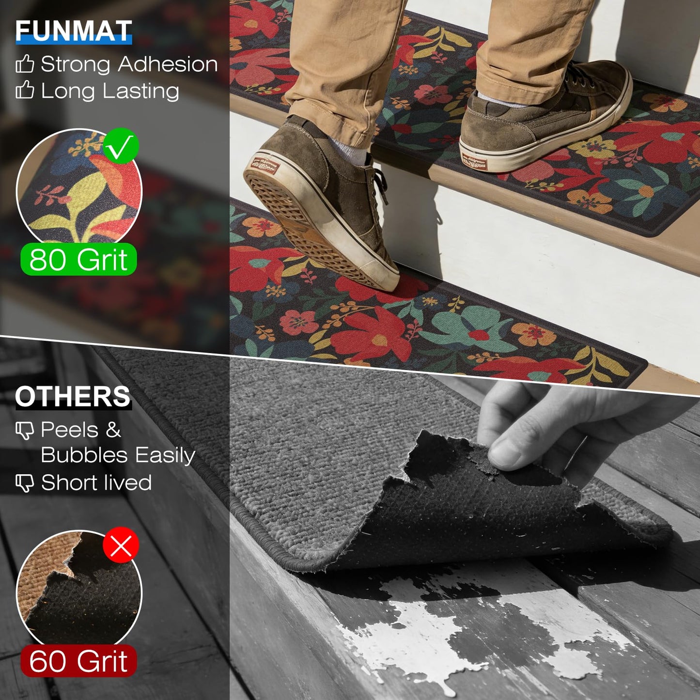 FUNMAT Outdoor Stair Treads Non-Slip, 8" X 30" - 12-Pack Weather Resistant Floral Grip Tape for Wooden Steps, Waterproof & Anti Skid High Traction Adhesive Step Strips for Stairs, Black