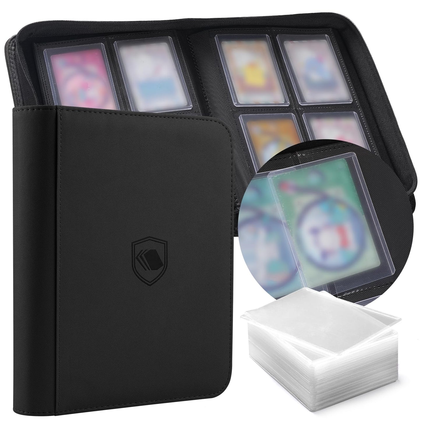 Toploader Binder, Holds 160 Toploaders, 100 Toploaders INCLUDED, 4-Pocket PU Cover Top Loader Binder for 3" x 4" Rigid Toploader, Ringless Double-Sided Toploader Card Binder for TCG, Sport Cards