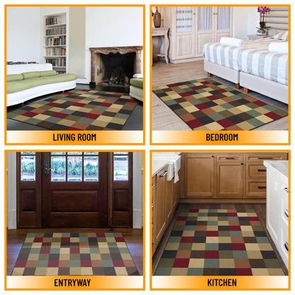 Ottomanson Living Room Area Rug – Non Slip Low Pile Carpet for Bedroom, Office & Family Room, 5' x 6'6", Checkered Multicolor