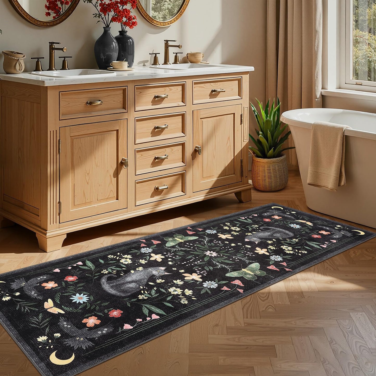 GarveeHome 2x6 Cat Washable Runner Rug for Kitchen, Soft Black Hallway Runner Non Slip Mushroom Moths Entryway Rug Floral Laundry Mat Stain Resistant Carpet for Bedroom Bathroom Beside Rug