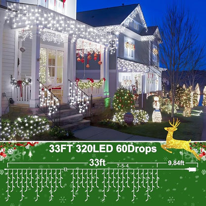 50FT 480 LED Christmas Lights Outdoor Decorations with 90 Drops Timer 8Mode Curtain String Lights Waterproof Plug in Fairy Lights for Indoor,Xmas,Party,Patio,Window,Fence,Trees Decor(Cold White)