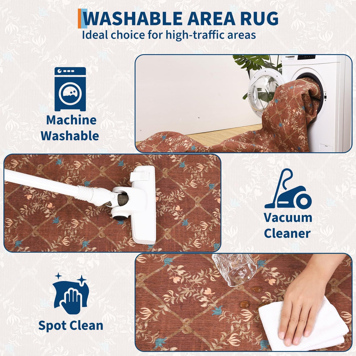 Garvee 8x10 Rugs for Living Room Floral Rug for Bedroom Washable Rugs Stain Resistant Easy Cleaning Non Slip Floor Cover for Dining Room Office Nursery, Red