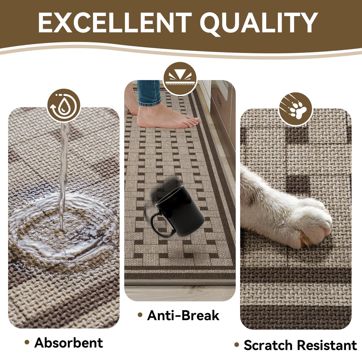 QiCaiJia Kitchen Mats for Floor, 17''x30'' Washable Absorbent Non Slip Kitchen Mat, Braided Kitchen Runner Rug, Kitchen Sink Rug, Brown