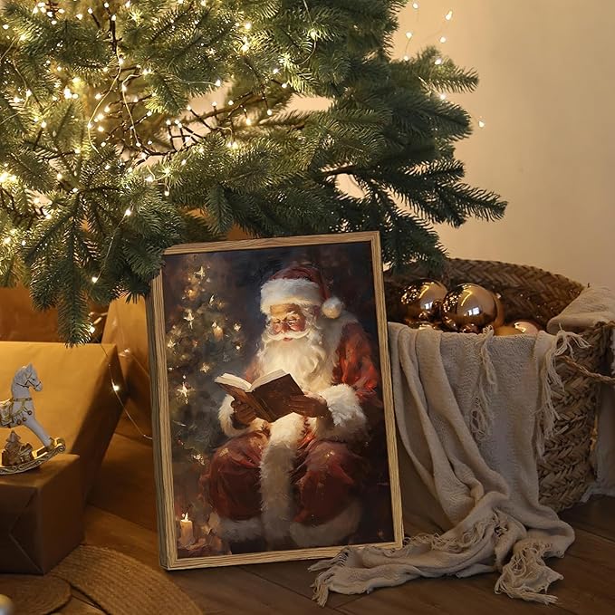 Framed Vintage Christmas Canvas Wall Art, Santa Claus Reading Book Paintings Wall Decor, Rustic Winter Holiday Pictures Prints for Living Room Bedroom Home Decoration 12×16 inch