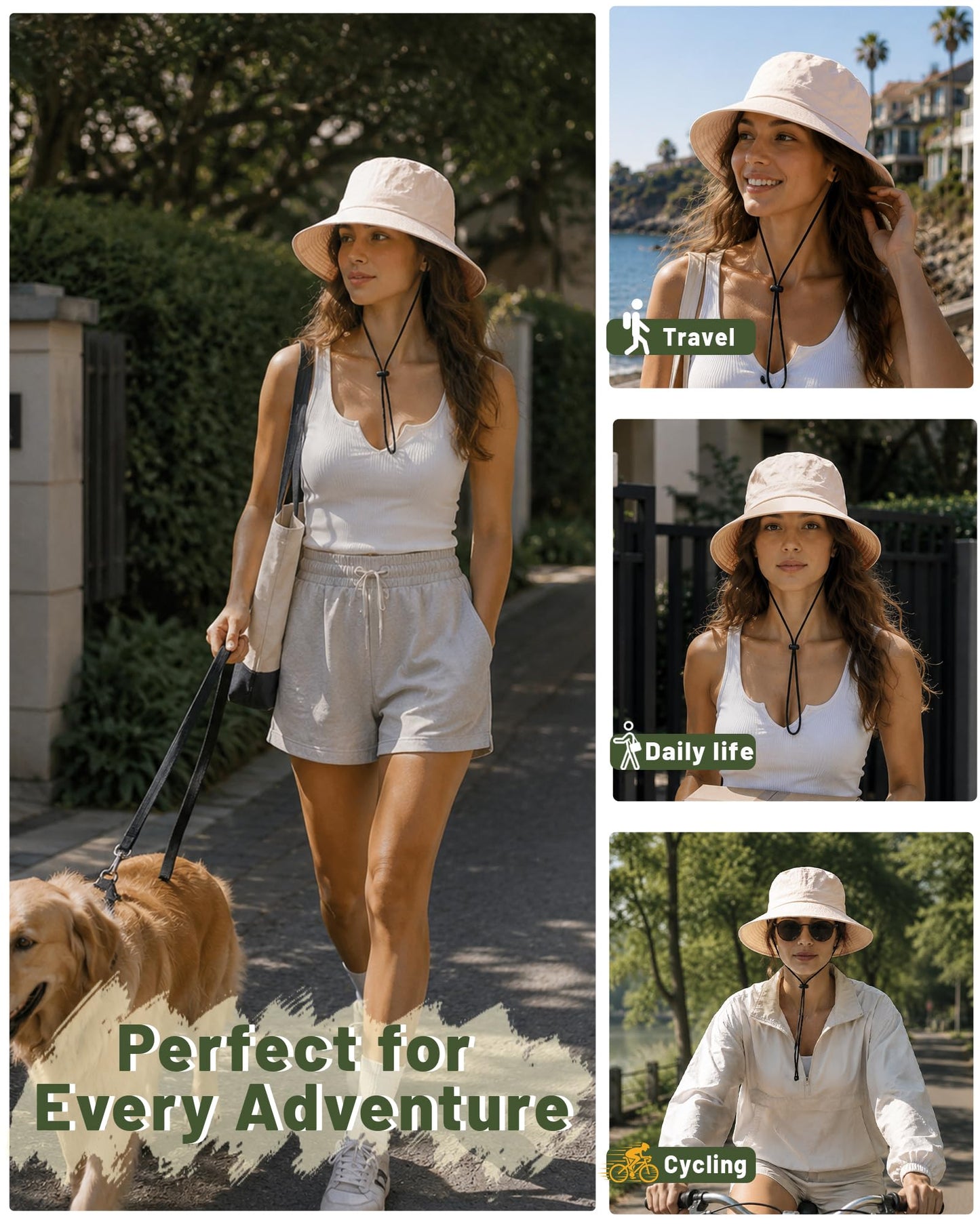 Water-Resistant Bucket Hat for Women Men Rain Hat UPF 50+ Boonie Sun Hat Foldable Summer Floppy Fishing Safari Hats Light Beige
