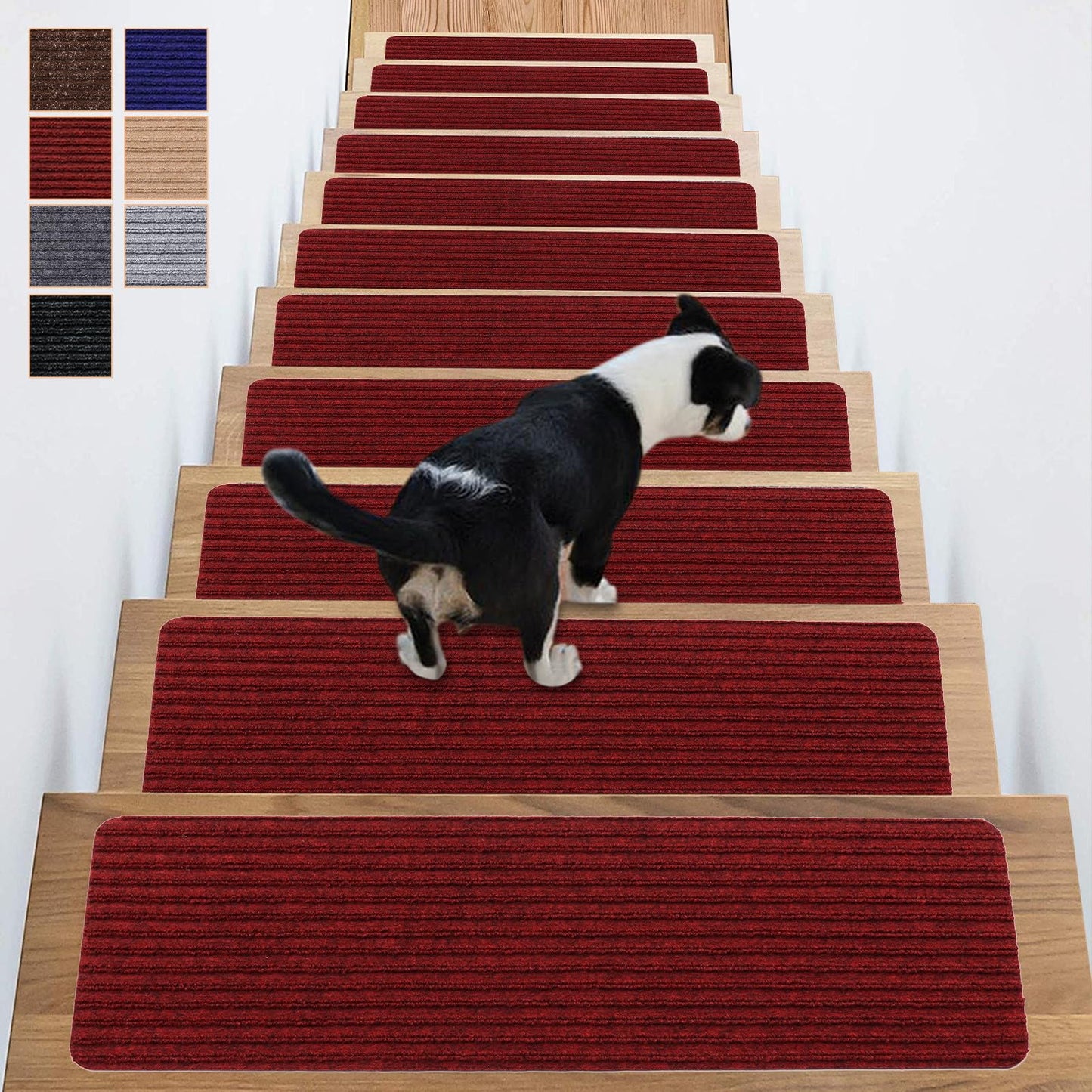 Antdle Carpet Stair Treads for Wooden Steps Non-Slip Indoor 16pcs 8x30inch Safety Rug Slip Resistant Indoor Runner for Kids Elders and Pets with Reusable Adhesive,Dark Red