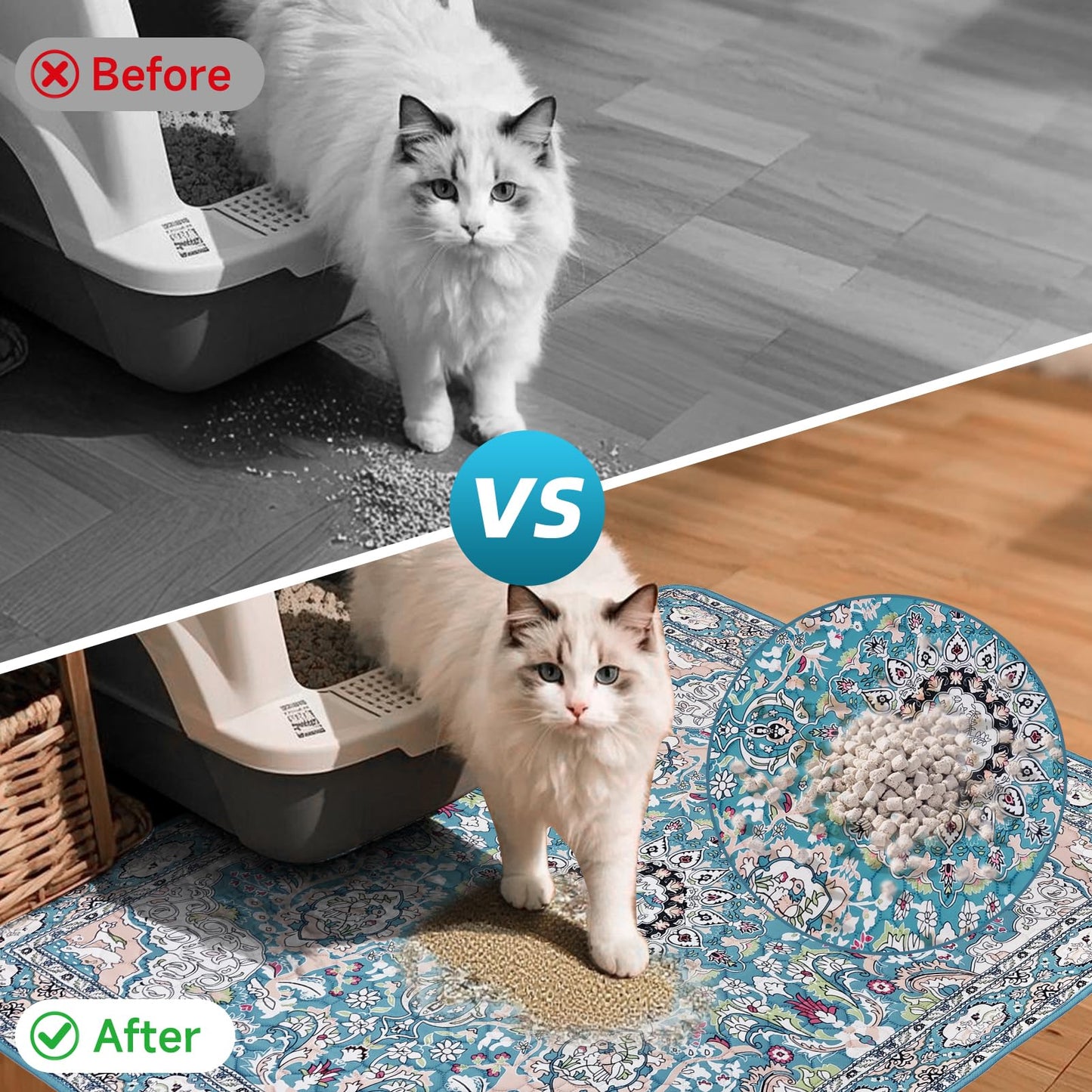 YOSEPATI Cat Litter Mat, Reusable Kitty Litter Trapping Mat 2 PCs, 24"x18" Washable Litter Mats for Cats, Waterproof & Non-Slip Compatible with Cat Box (Lake Blue Medallion, 24"x18"(2 PCS))