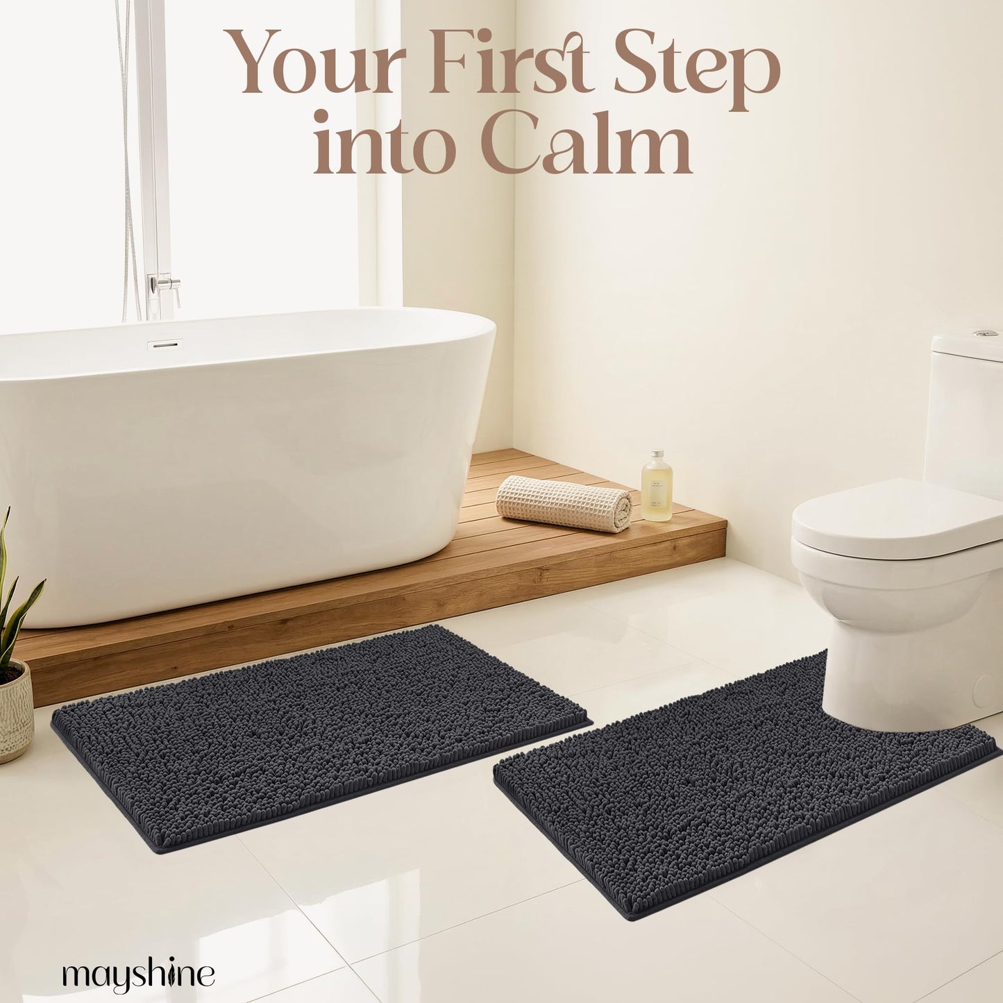 MAYSHINE Small Plush Shaggy Chenille Bath Mat 23"x14" Extra Soft, Super Absorbent, Non-Slip Bathroom Rug | Fluffy Microfiber, Area Rug Sets for Bathroom Floor, Kitchen, Living Room |Charcoal Gray